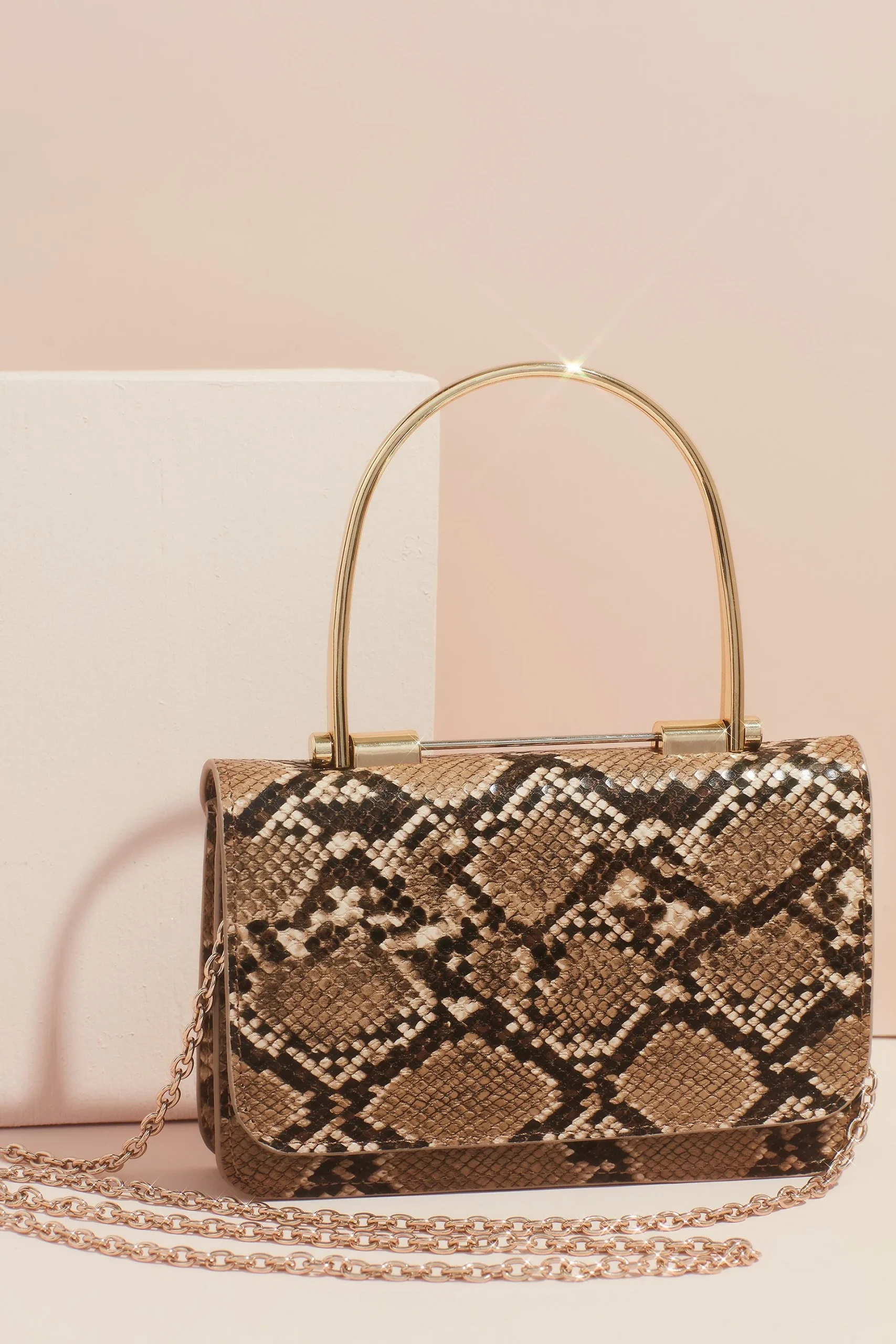 Snakeskin Print Metal Handle Crossbody Clutch