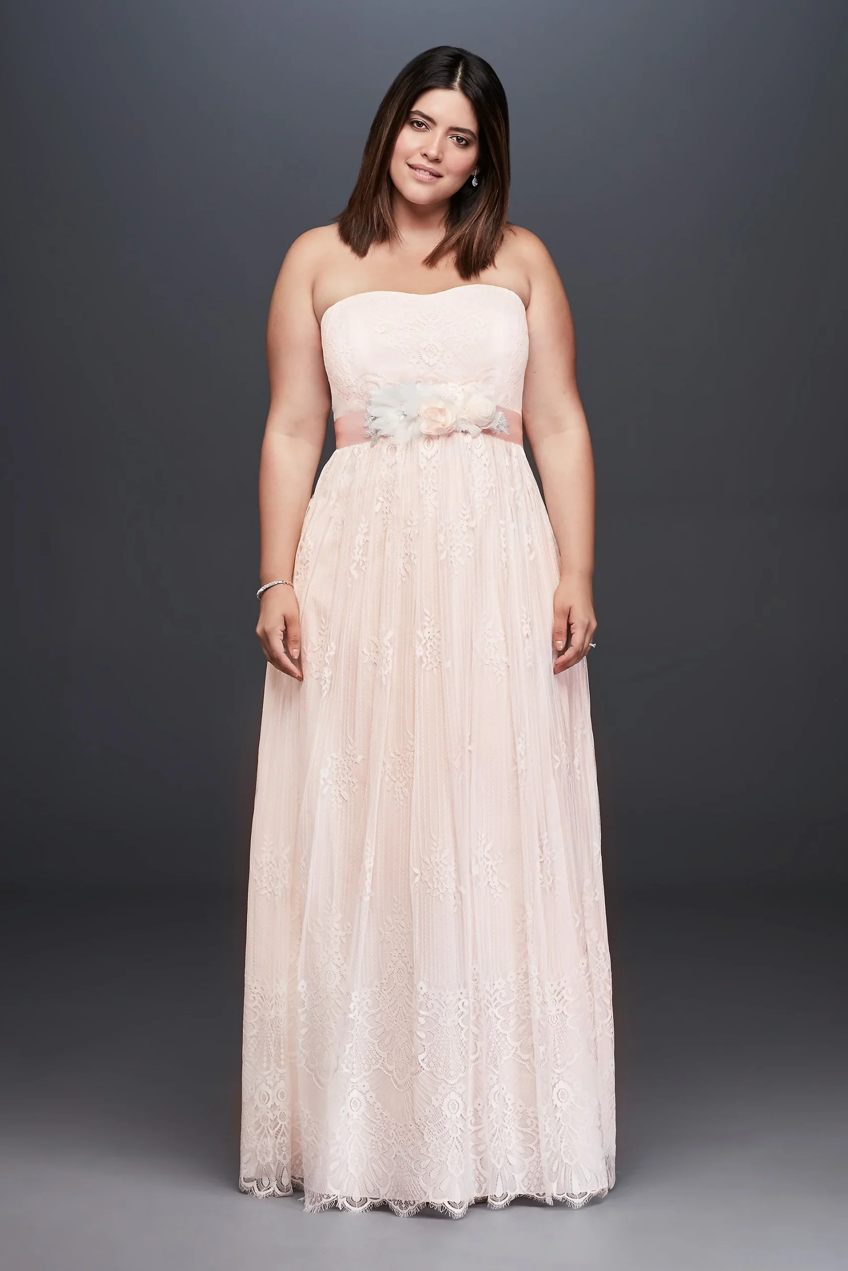 Soft Floral Lace Sheath Gown with Blush Lining