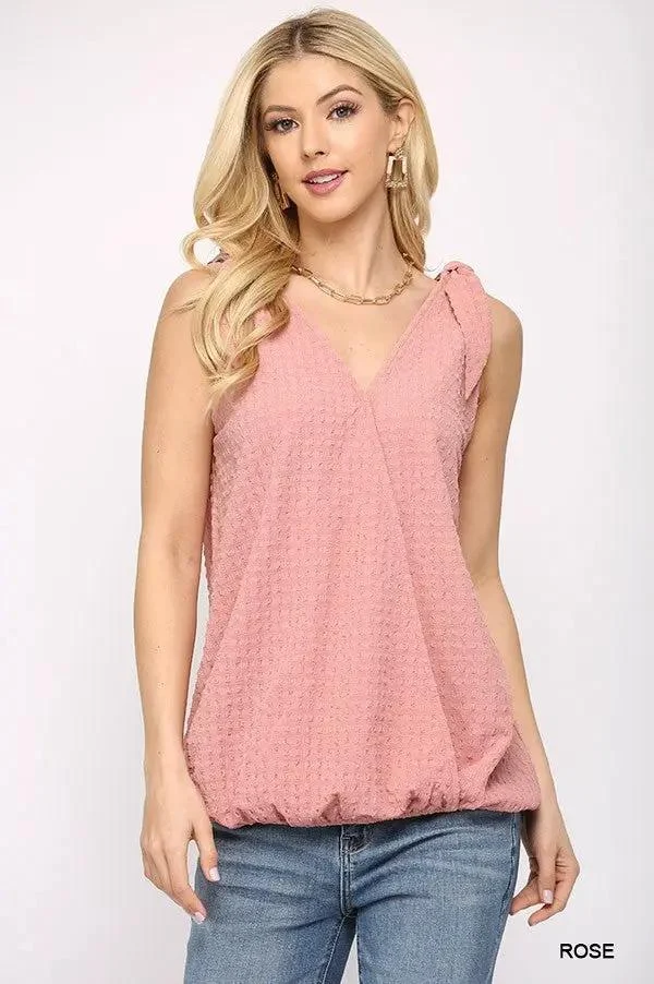 Solid Textured And Sleeveless Surplice Top With Shoulder Tie