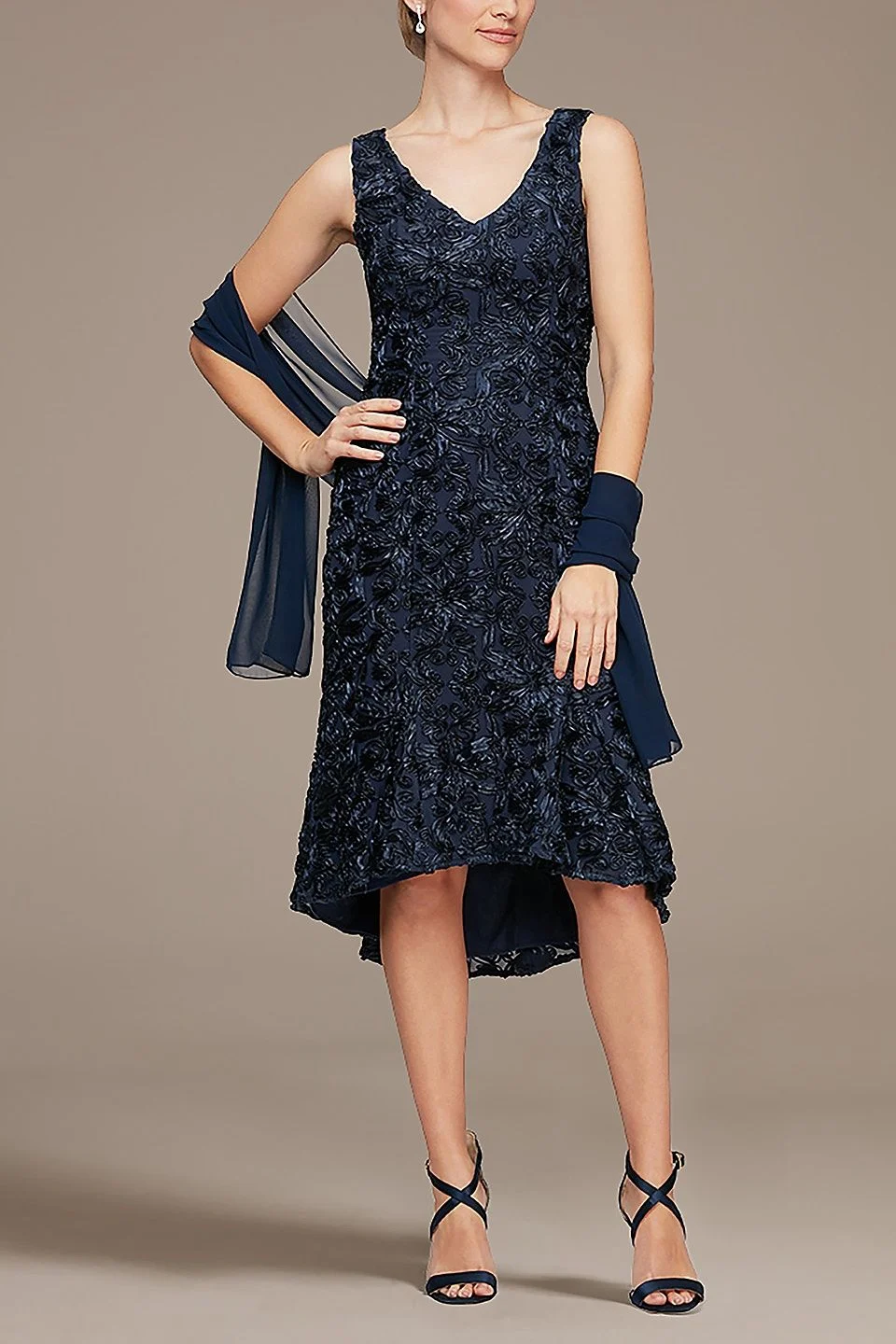 Soutache High-Low Ruffle Hem Dress with V-Neckline