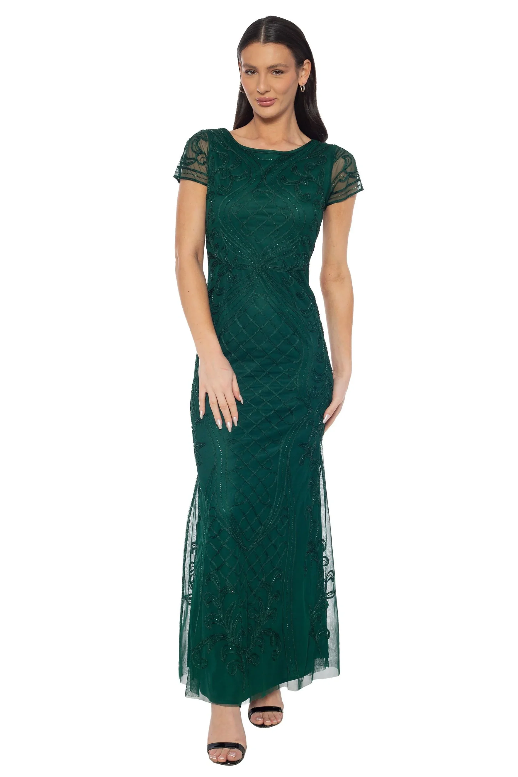 Soutache on Mesh Cap Sleeve Long Gown