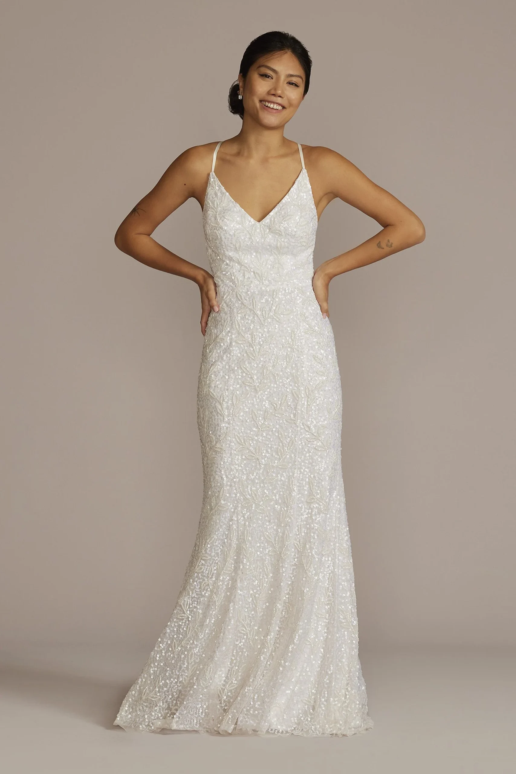 Spaghetti Strap Beaded Sheath Wedding Gown