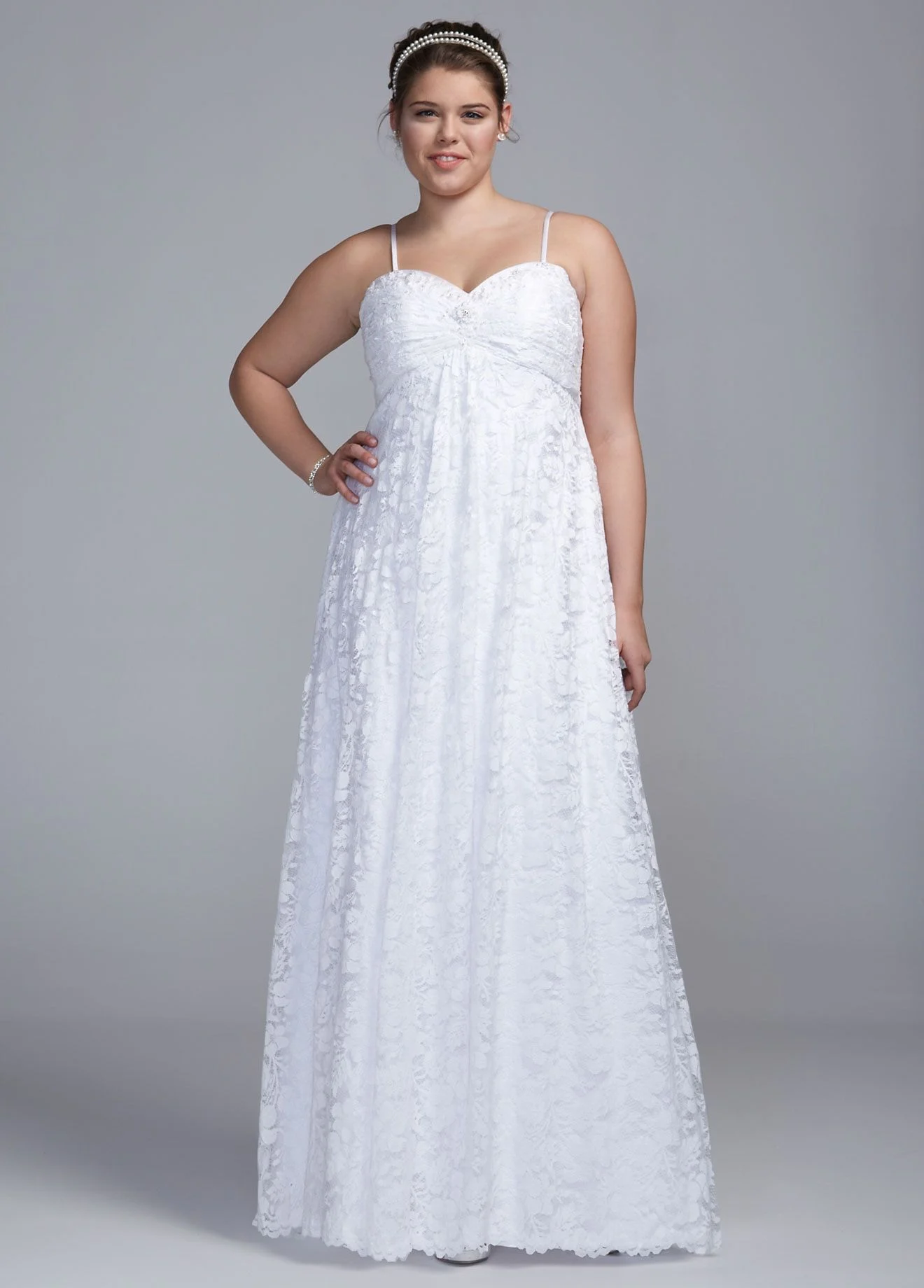 Spaghetti Strap Empire Waist All Over Lace Gown