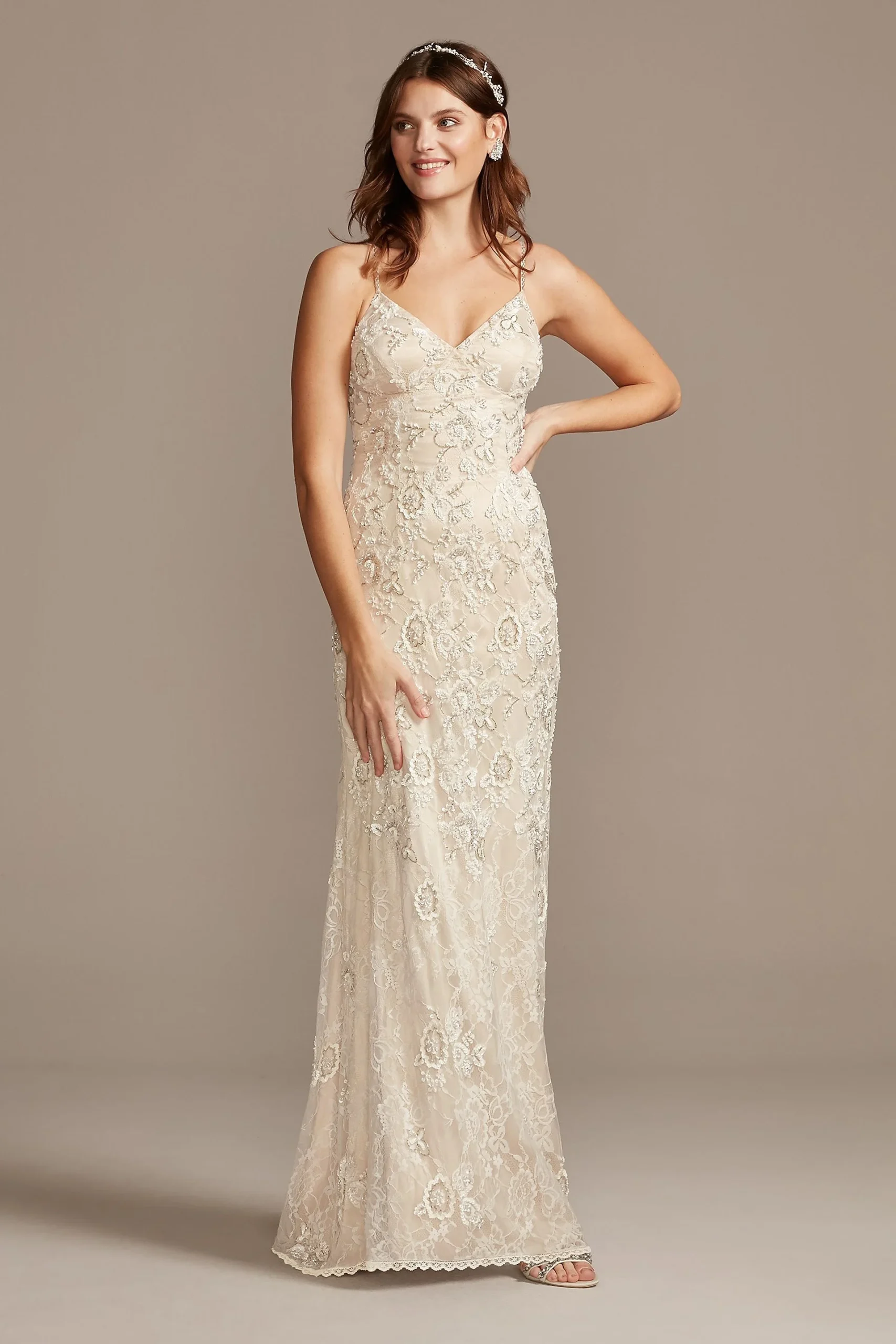 Spaghetti Strap Sequin Applique Lace Wedding Dress