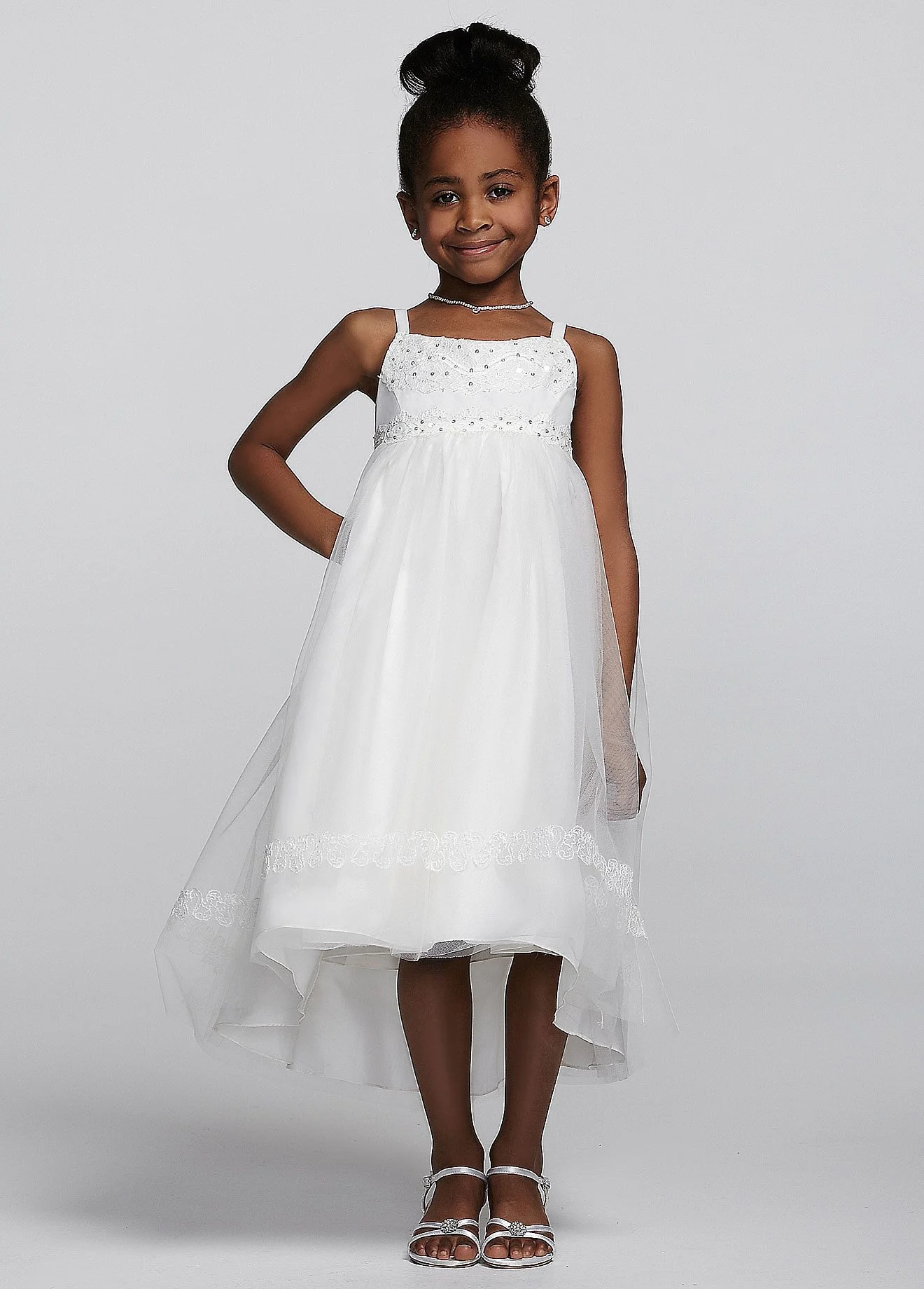 Spaghetti Strap Tulle High Low Gown with Lace