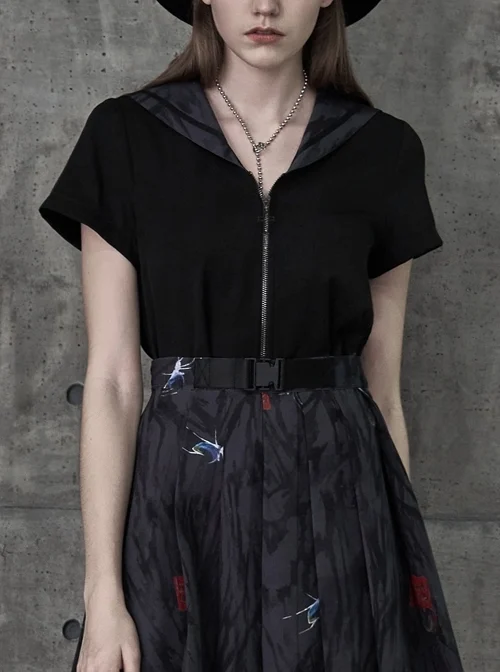 Spider Ink Printed Sailor Collar Cross Zipper Black Punk Short Uniform Jacket Top