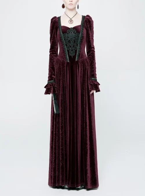 Square Collar Cheat Retro Pattern Ribbon Decoration Long Sleeves Frill Cuff Back Lace-Up Black Gothic Long Velvet Dress