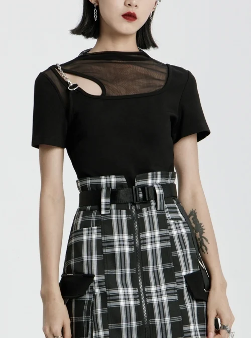 Square Collar Splice Mesh Chest Hollow-Out Chain Short Sleeve Black Punk T-Shirt