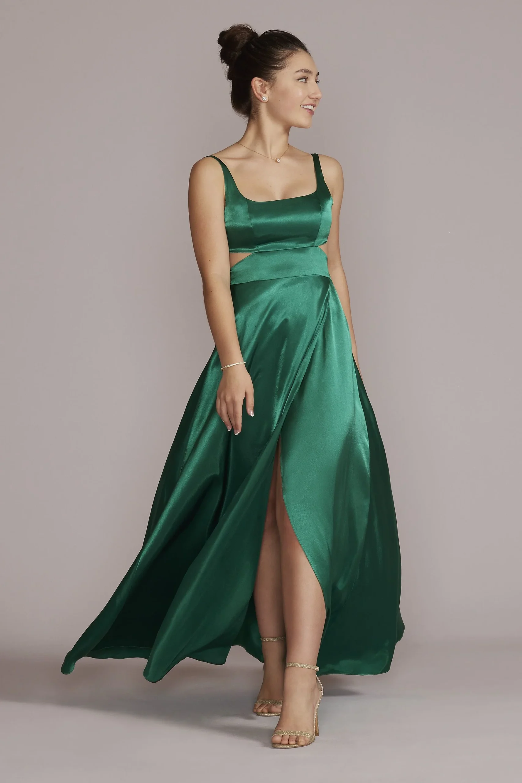 Square Neck Charmeuse Cutout Gown with Slit