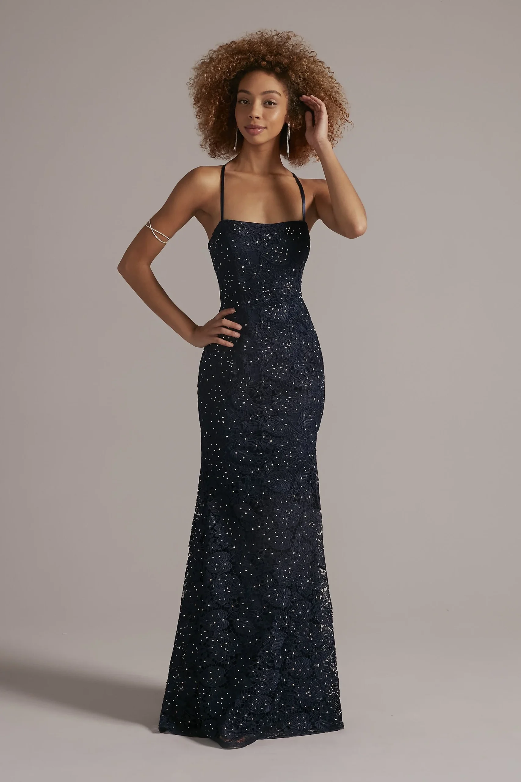 Square Neck Floor Length Lace Prom Dress