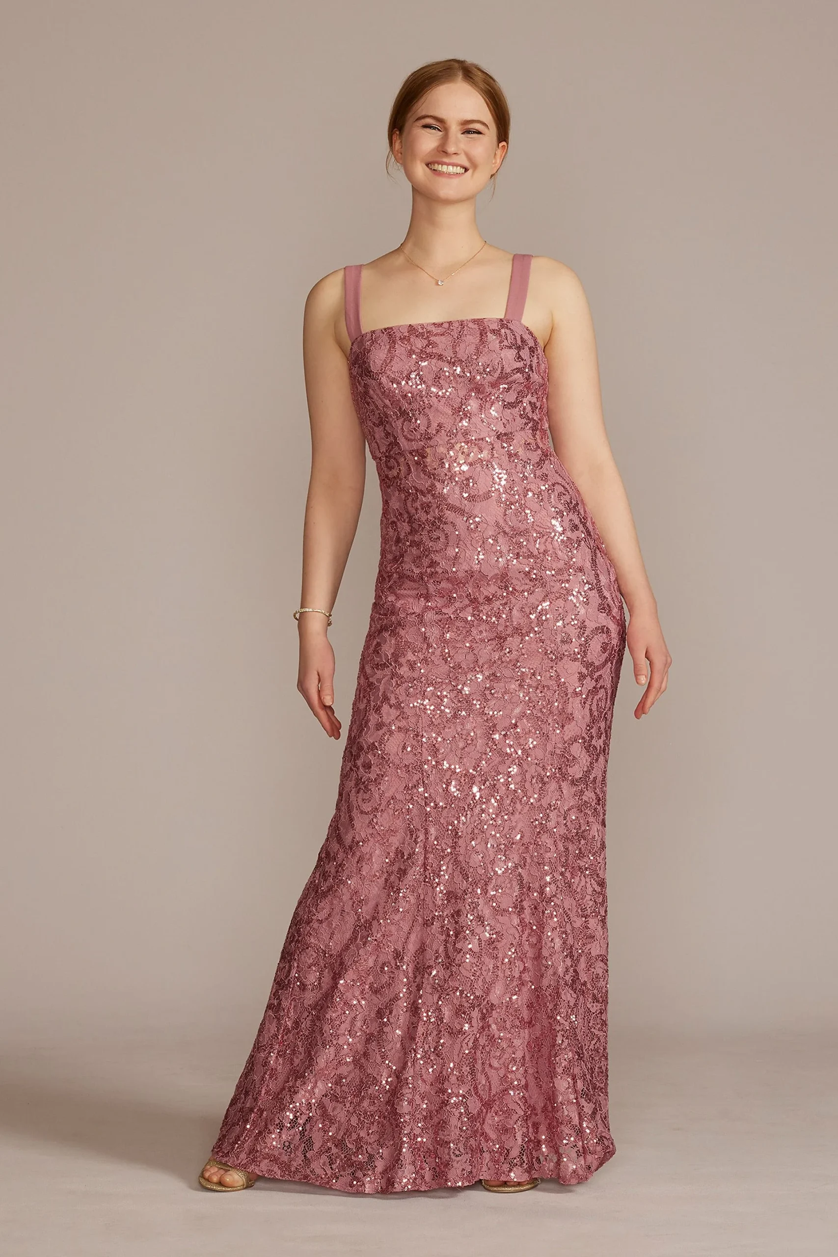 Square Neck Long Lace Dress with Illusion Waist