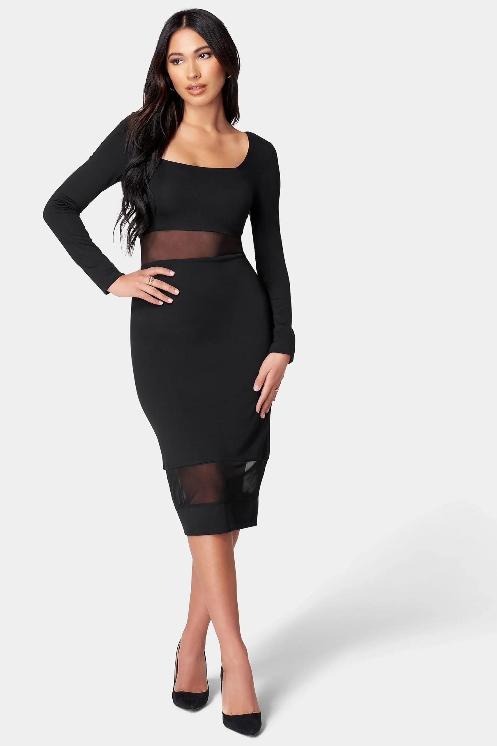 Square Neck Long Sleeve Dress with Illusion Insets