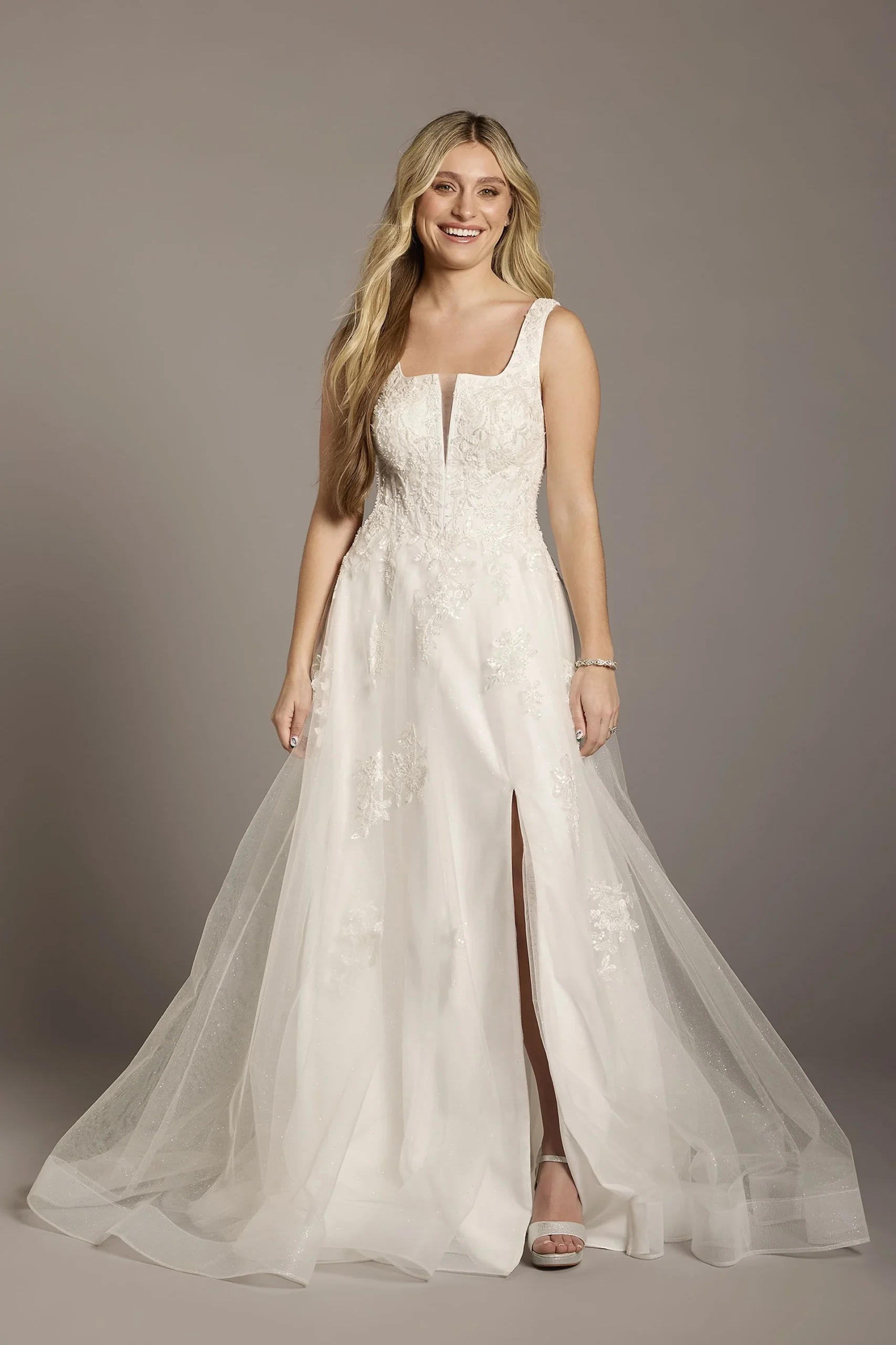 Square Neck Tulle and Lace Ball Gown Wedding Dress