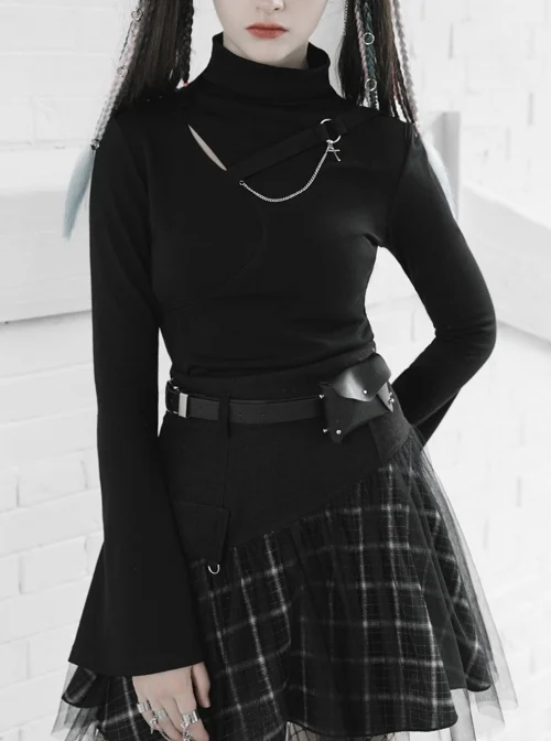 Stand-Up Collar Chest Hasp Chain Long Trumpet Sleeve Black Punk T-Shirt