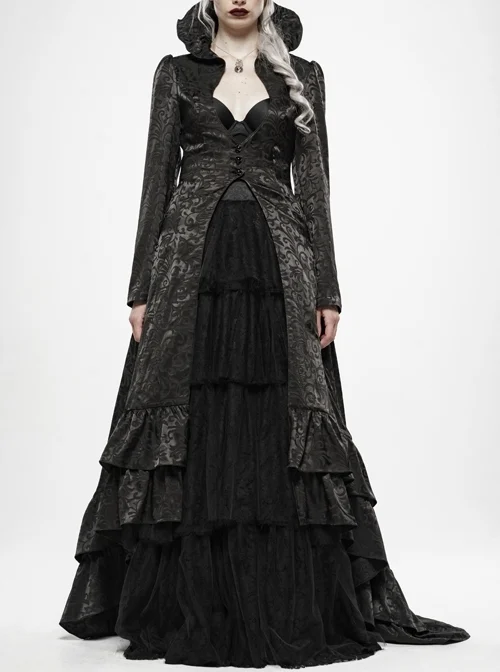 Stand-Up Collar Front Chest Hollow-Out Retro Button Back Stereo Lace Applique Black Gothic Jacquard Long Coat