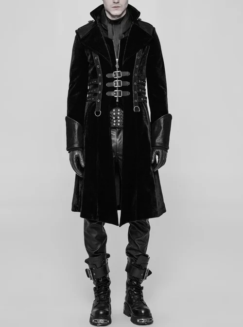 Stand-Up Collar Front Chest Metal Buckle Leather Strap Long Sleeve Black Punk Thickened Weft Velveteen Coat