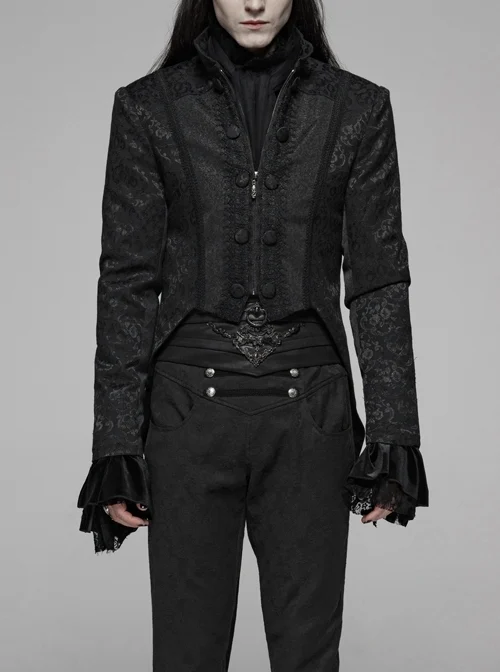 Stand-Up Collar Front Chest Paste Lace Retro Button Back Waist Lace-Up Dovetail Hem Black Gothic Jacquard Coat