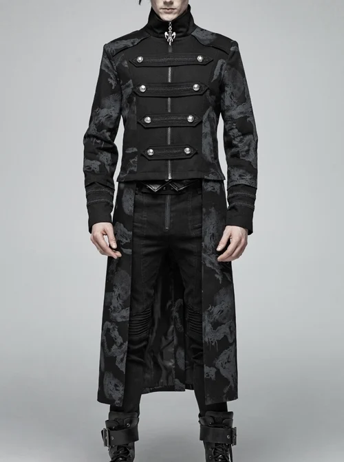 Stand-Up Collar Front Chest Weave Strap Metal Button Black Punk Twill Dragon Totem Print Coat