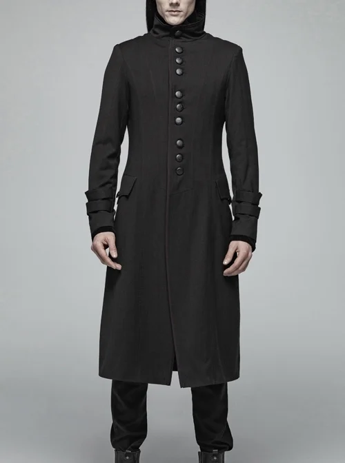 Stand-Up Collar Front Leather Button Long Sleeve Black Gothic Jacket