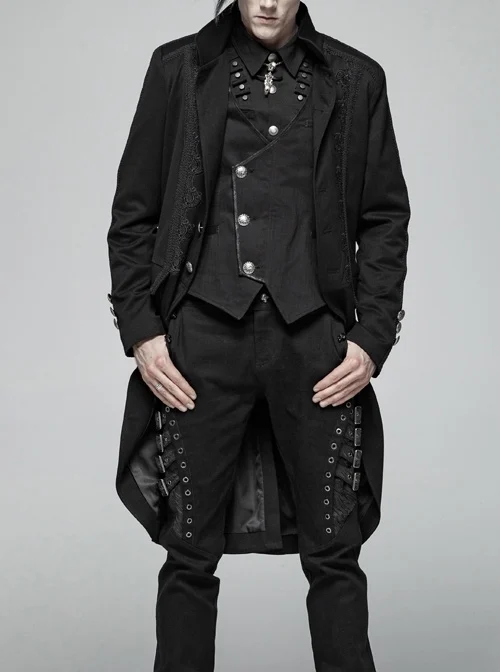 Stand-Up Collar Front Metal Button Vintage Cashew Lace Open Fork Front Hem Black Gothic Coat