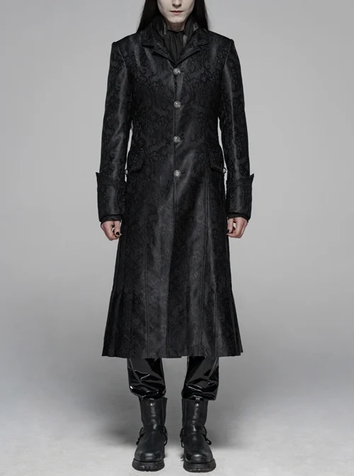 Stand-Up Collar Front Metal Retro Button Lace Cuff Black Gothic Floral Jacquard Long Coat
