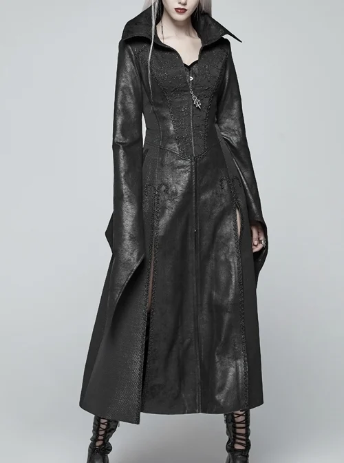 Stand-Up Collar Front Metal Zipper Flare Sleeve Sharp Corner Cuff Back Waist Lace-Up Black Three-Dimensional Bubble Jacquard Gothic Long CoatOther Accessories Are Not Include