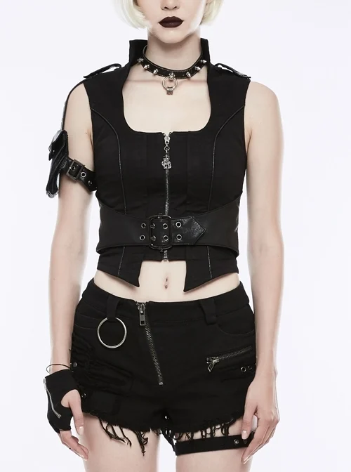 Stand-Up Collar Front Metal Zipper Waist Leather Hasp Shoulder Loop Sharp Corner Hem Black Punk Vest