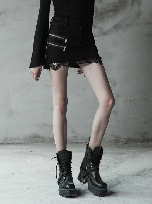 Steam Punk Female Black Elastic Lace Hem Metal Zipper Skirt