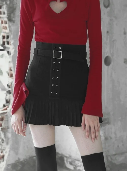 Steam Punk Female Black Metal Buckle Stitching Pleated Skirt