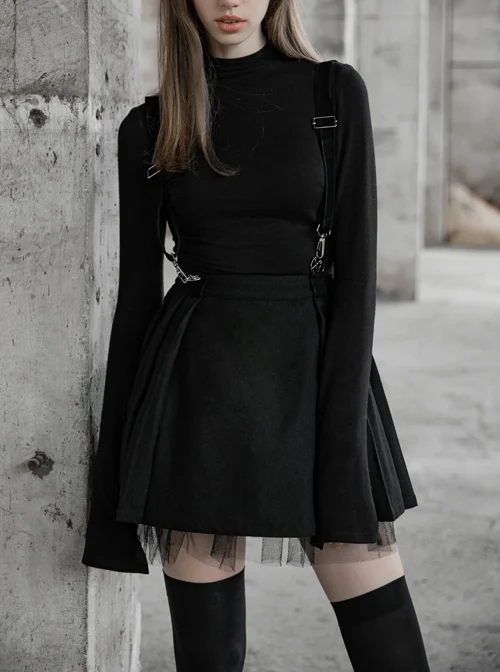 Steam Punk Female Casual Black Strap Metal Buckle Skirt