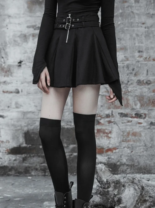 Steam Punk Female Causal Black Metal Zipper Belt Pleated Skirt
