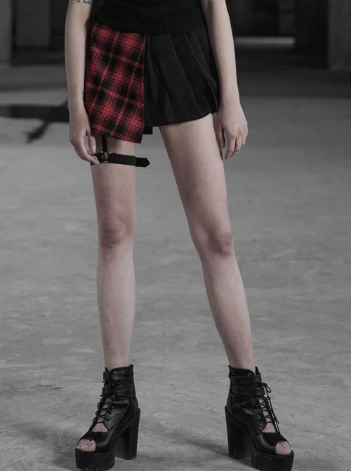 Steam Punk Female Lattice Pleated Patchwork Skirt