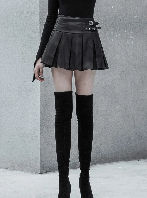 Steam Punk Female PU Leather Metal Buckle Skirt