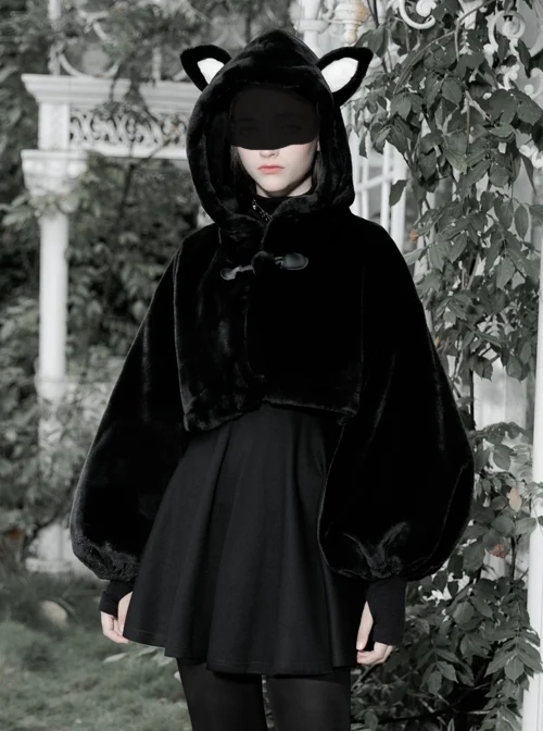 Stereo Ear Fluffy Ball Tail Plush Ball Button Drawstring Hem Elastic Strap Cuff Black Punk Short Coat