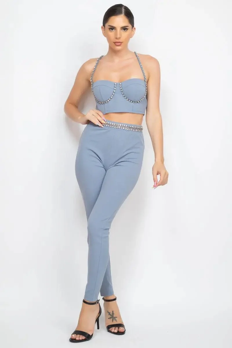 Stone Embellished Top And Pants Set