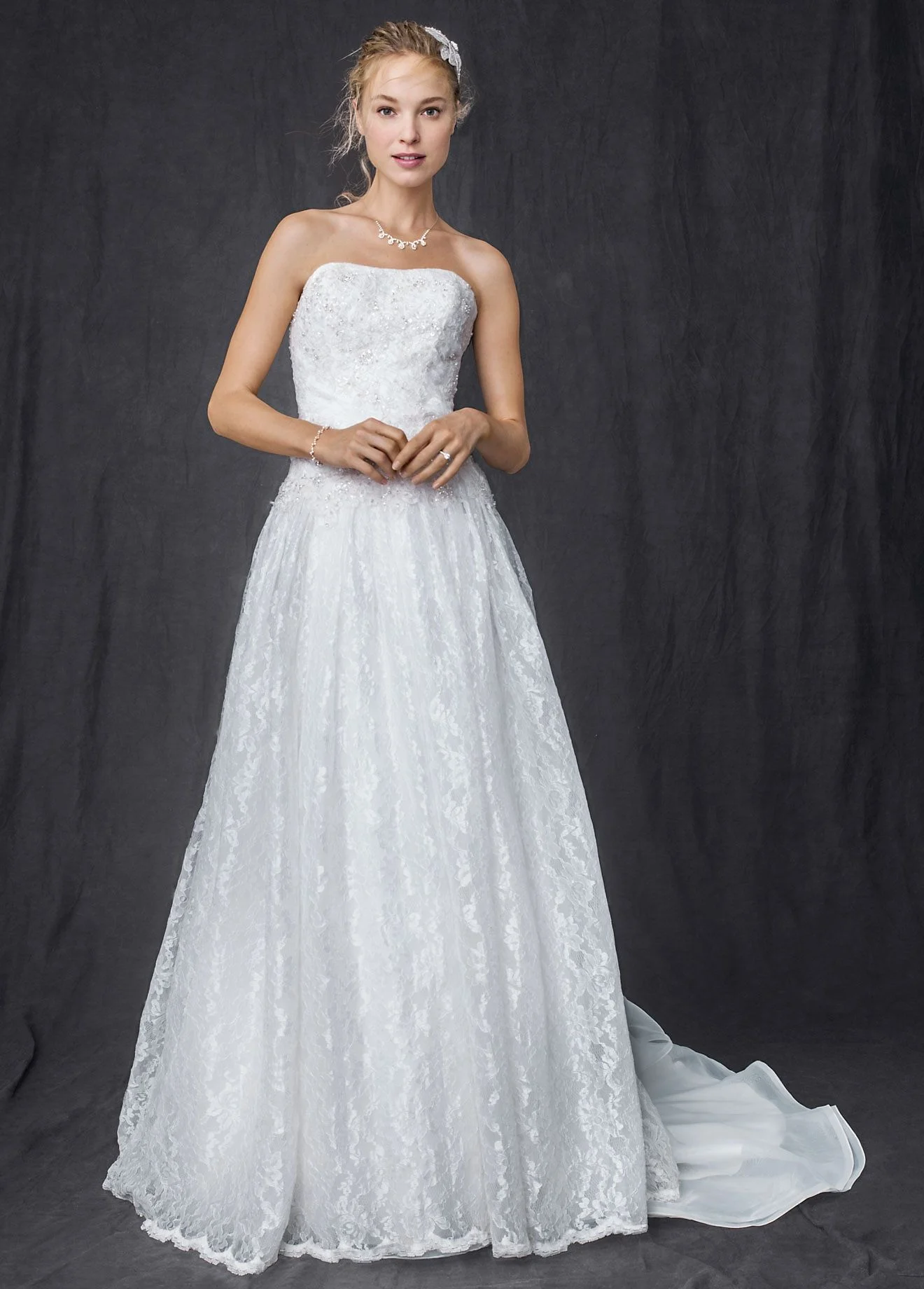 Strapless All Over Beaded Lace Wedding Ball Gown