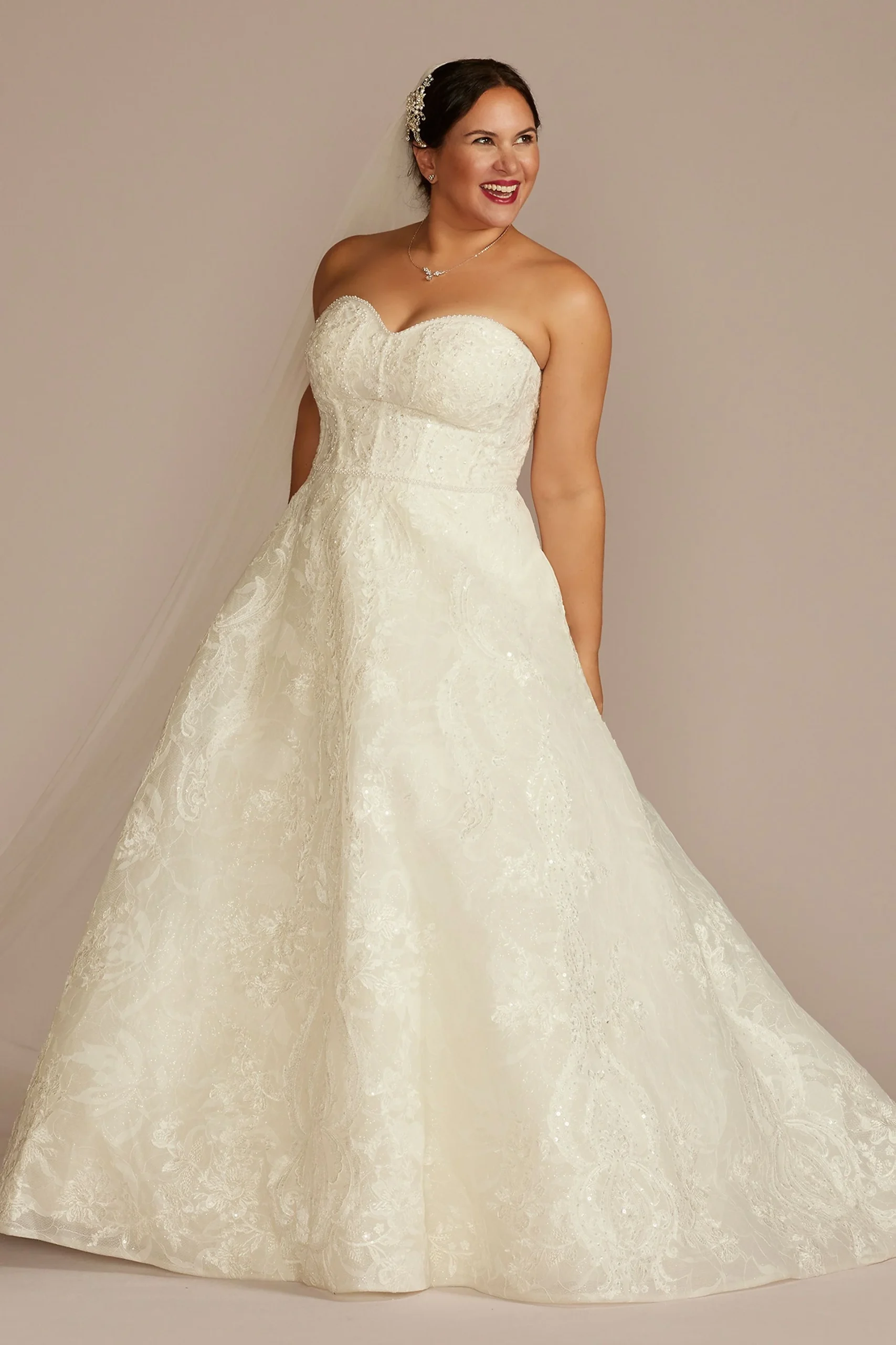 Strapless Beaded Lace Ball Gown Wedding Dress