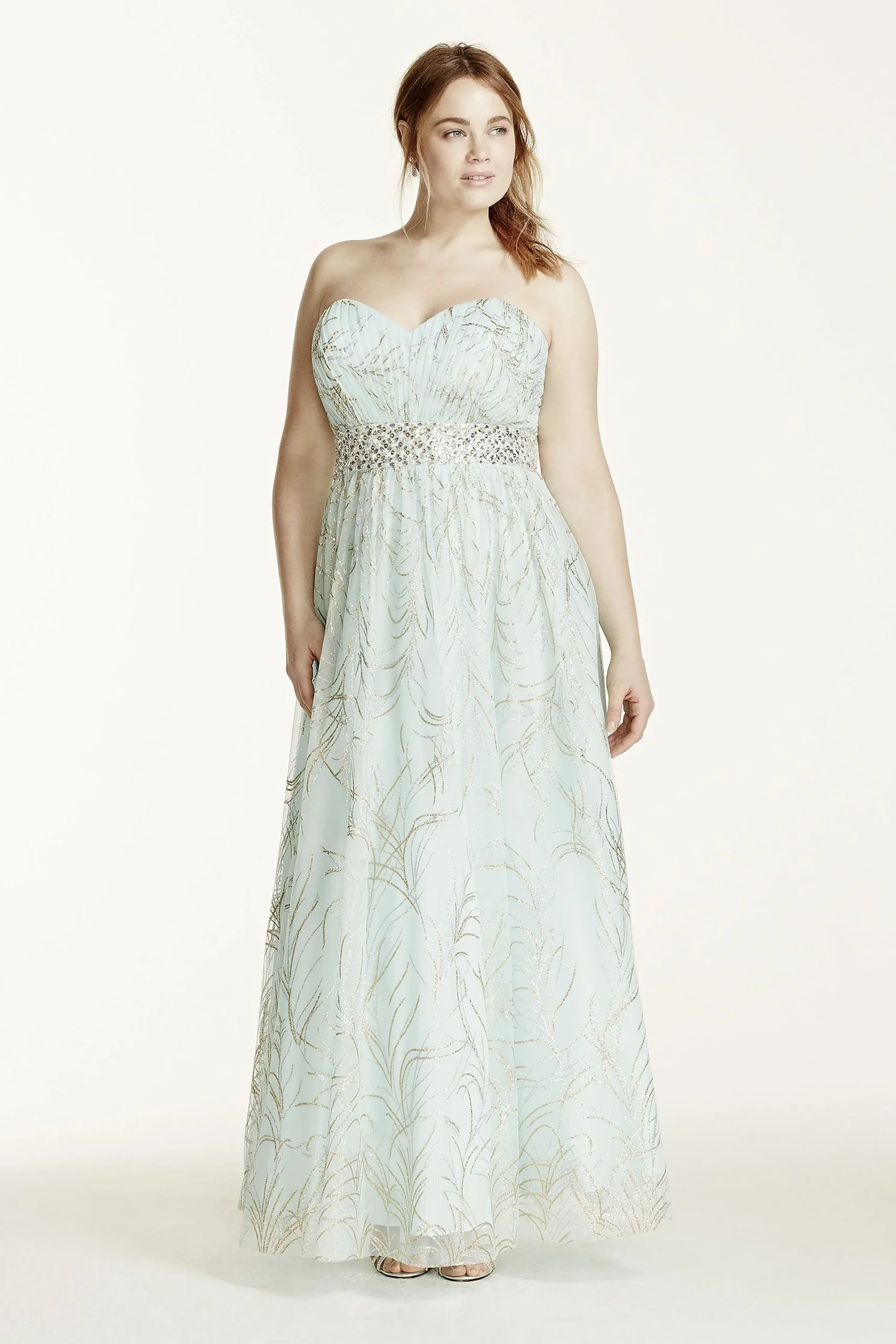 Strapless Beaded Waist Glitter Tulle Ball Gown