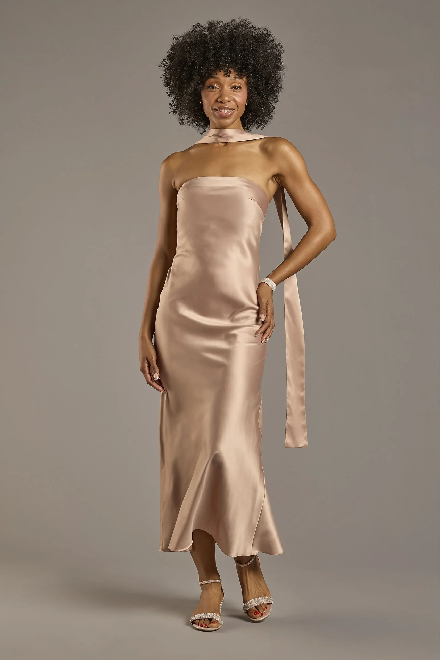 Strapless Charmeuse Sheath Dress with Scarf