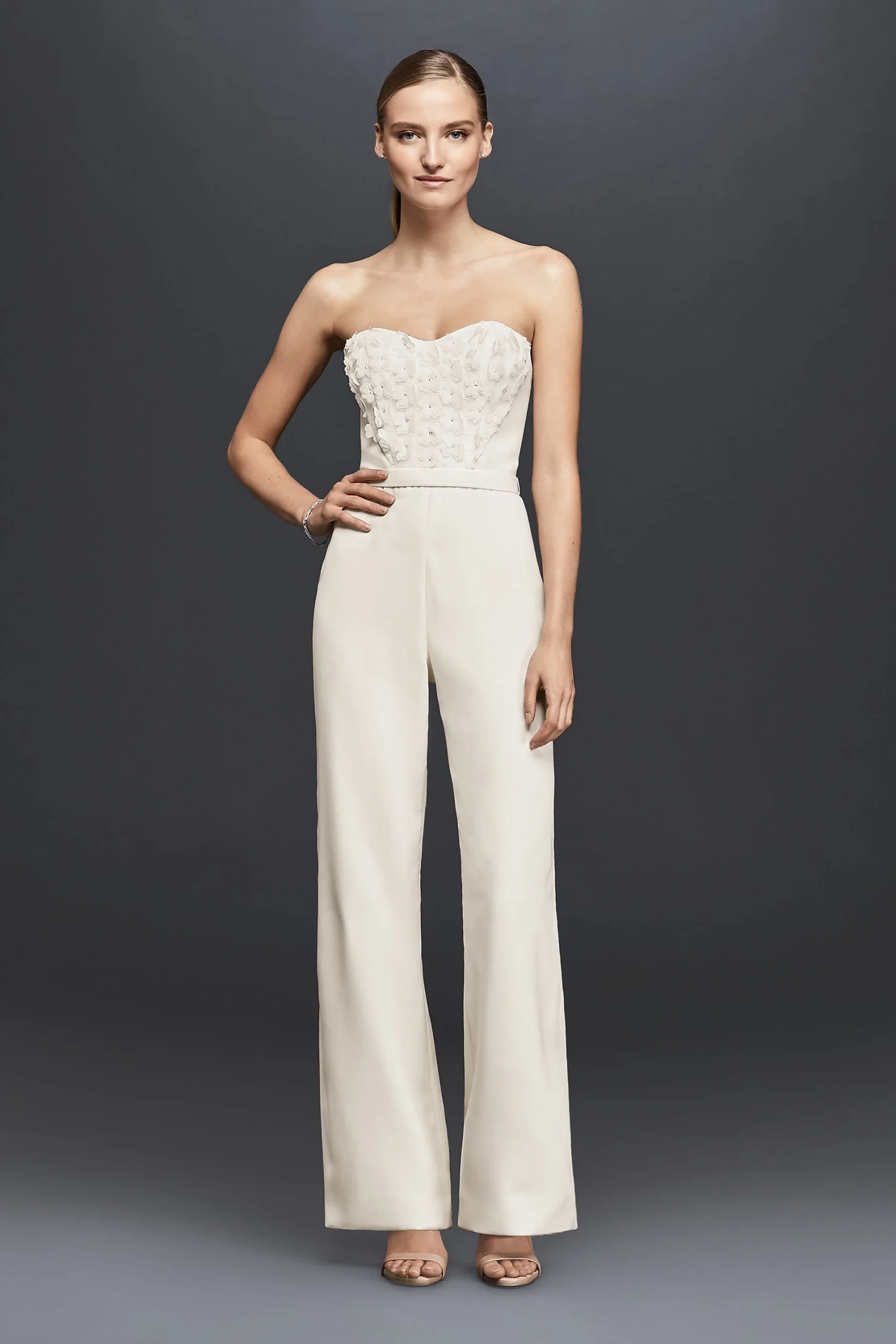 Strapless Crepe Jumpsuit with 3D Floral Details