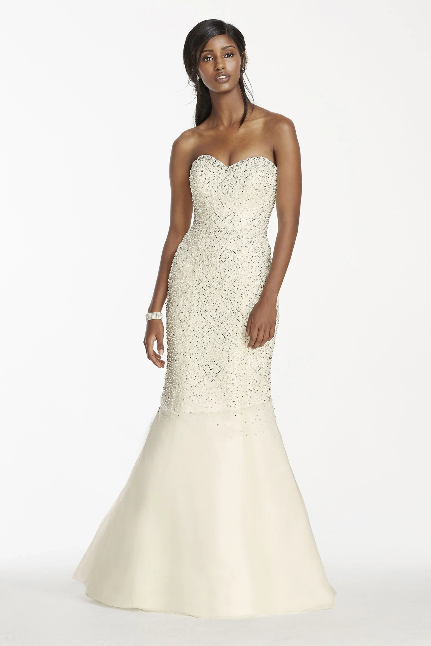 Strapless Crystal Beaded Tulle Fit and Flare Gown
