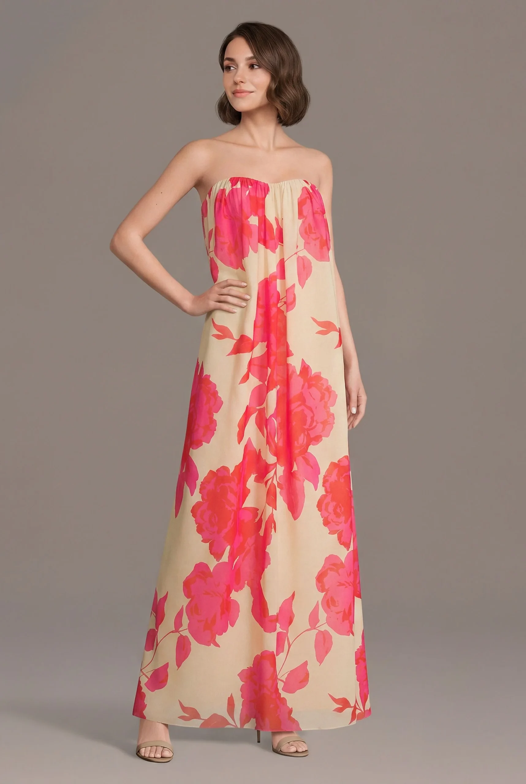 Strapless Floral Print Chiffon Tent Dress