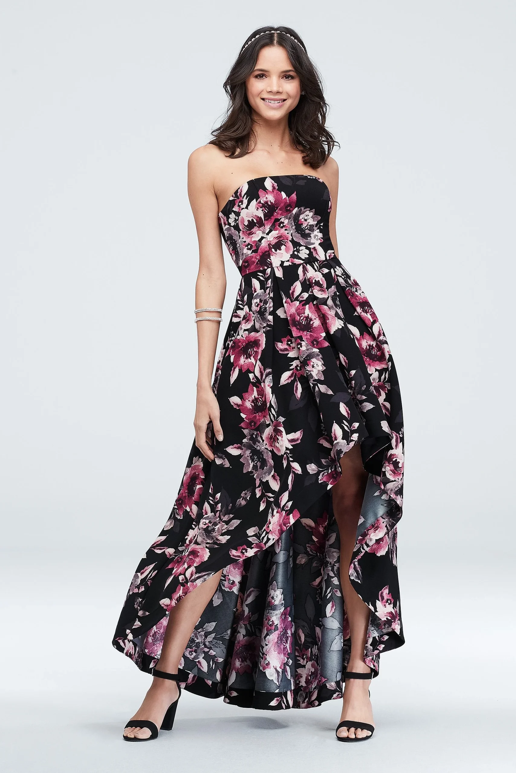 Strapless Floral Print High Low Gown with Pockets