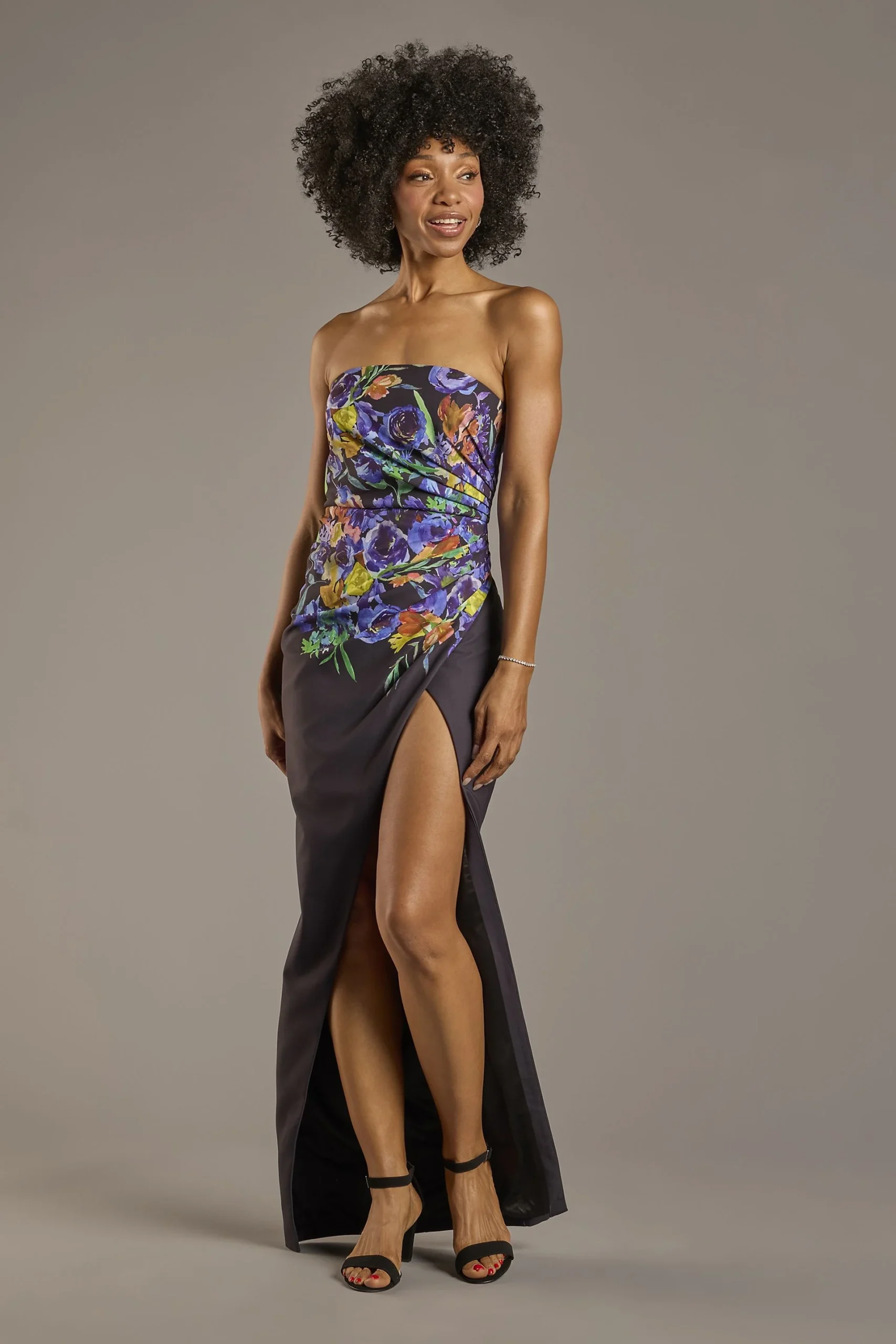 Strapless Floral Print Sheath Dress with Slit