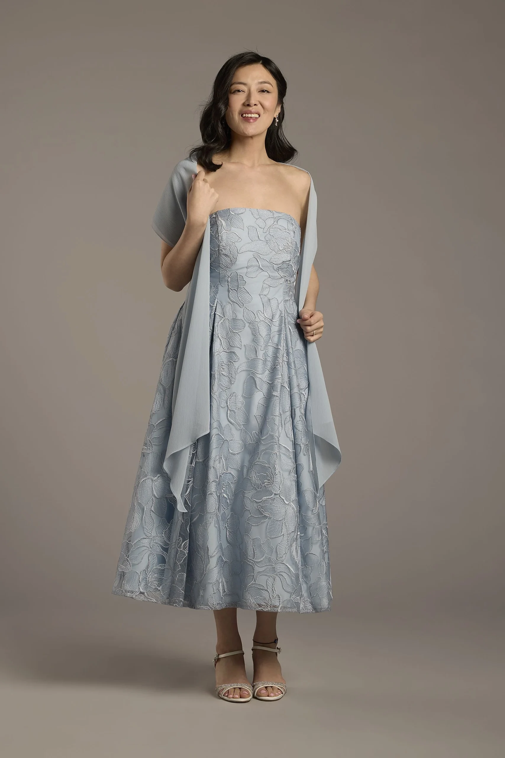 Strapless Floral Tea-Length Dress with Wrap
