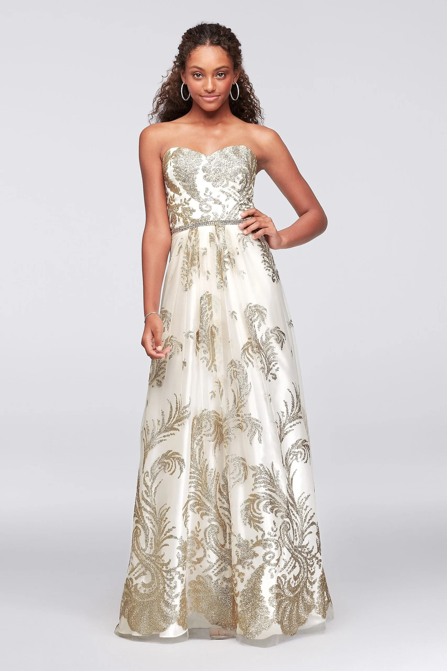 Strapless Glitter Brocade Gown with Crystal Belt