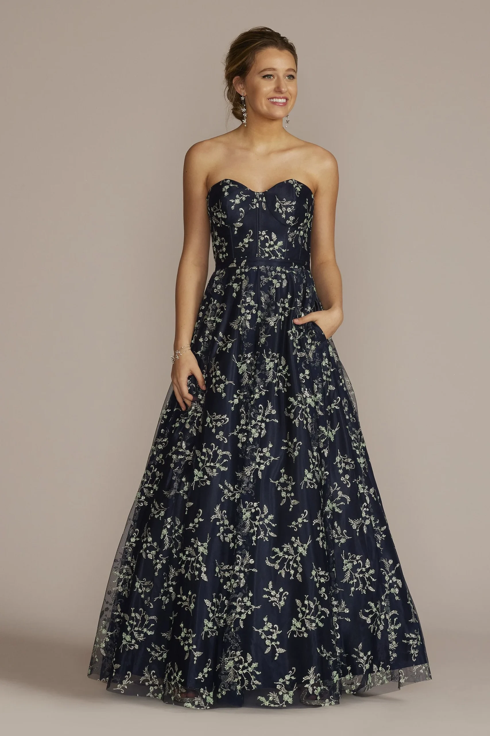 Strapless Glitter Mesh Ball Gown with Corset