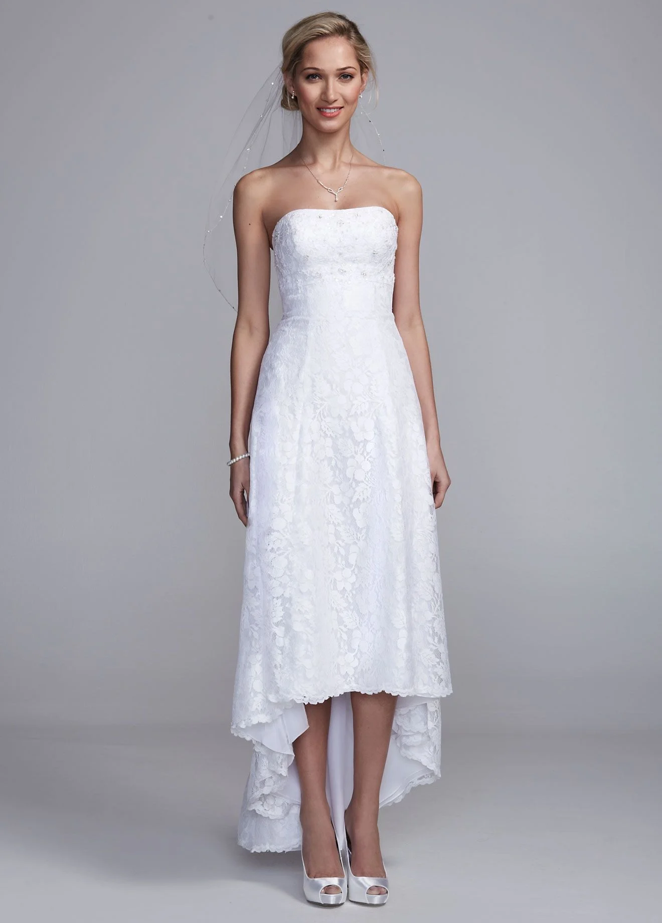 Strapless High Low All Over Lace Gown