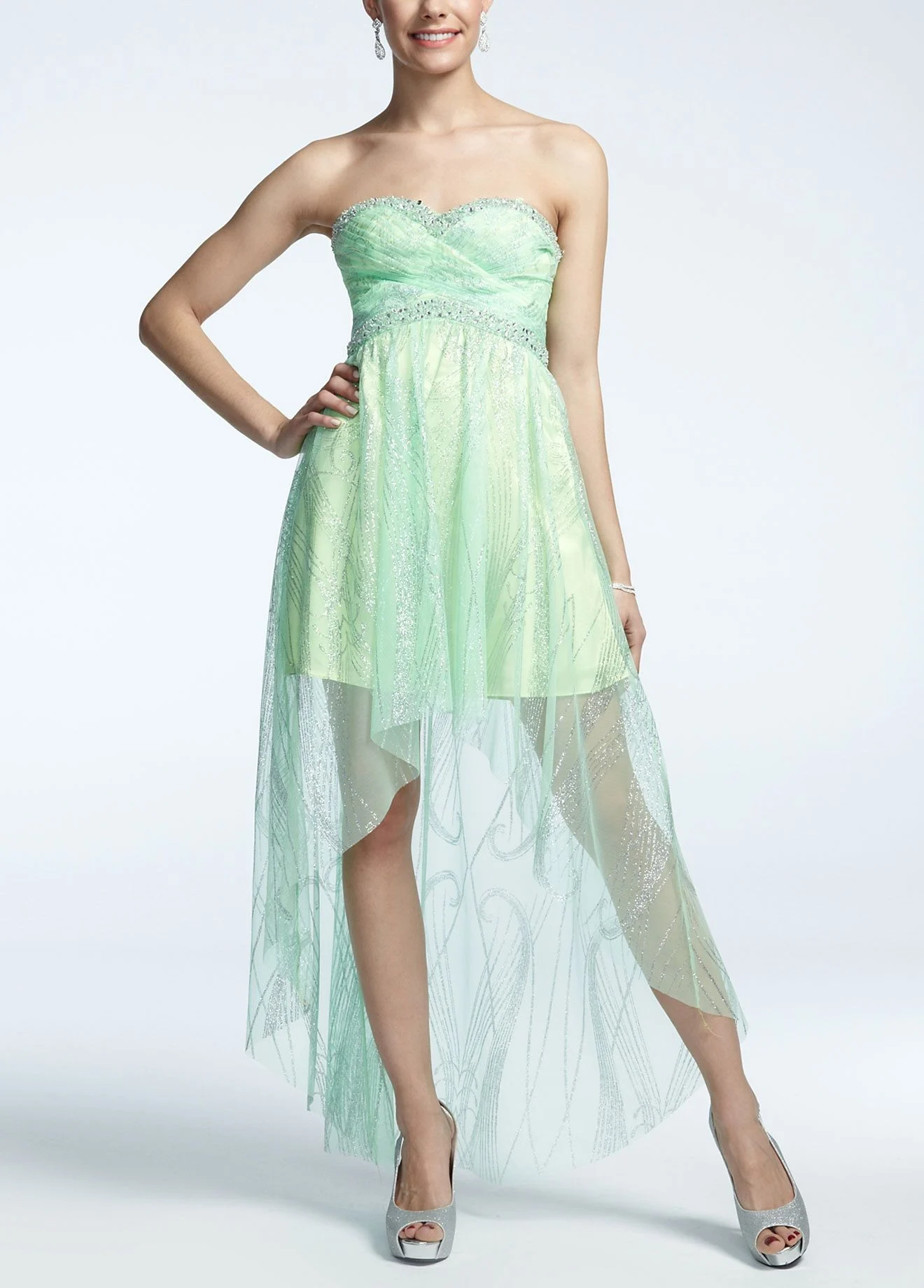 Strapless High Low Glitter Mesh Dress