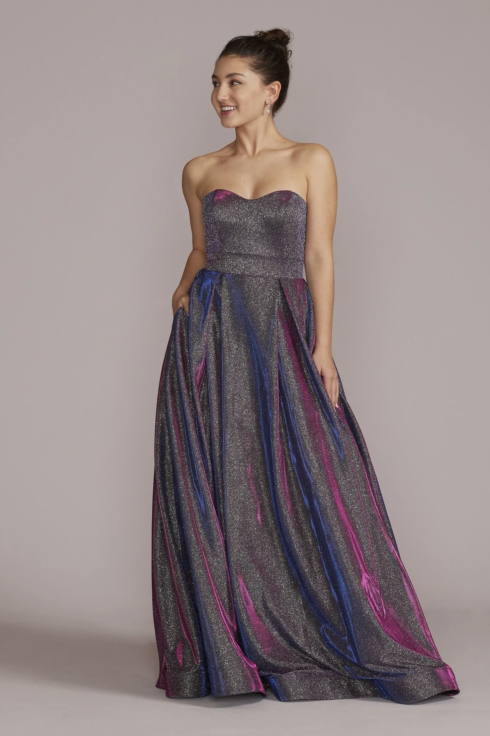 Strapless Iridescent Pleated Ballgown